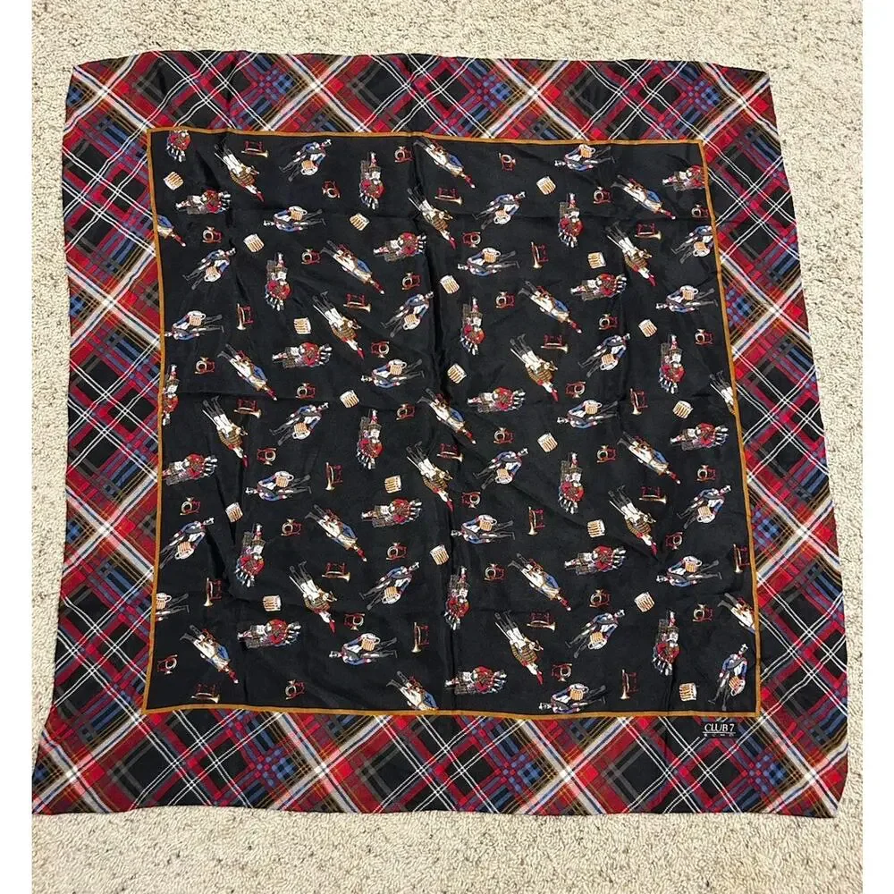 Club 7 Echo Women's SCARF 30” Square Military Band Plaid Black Blue Red J25